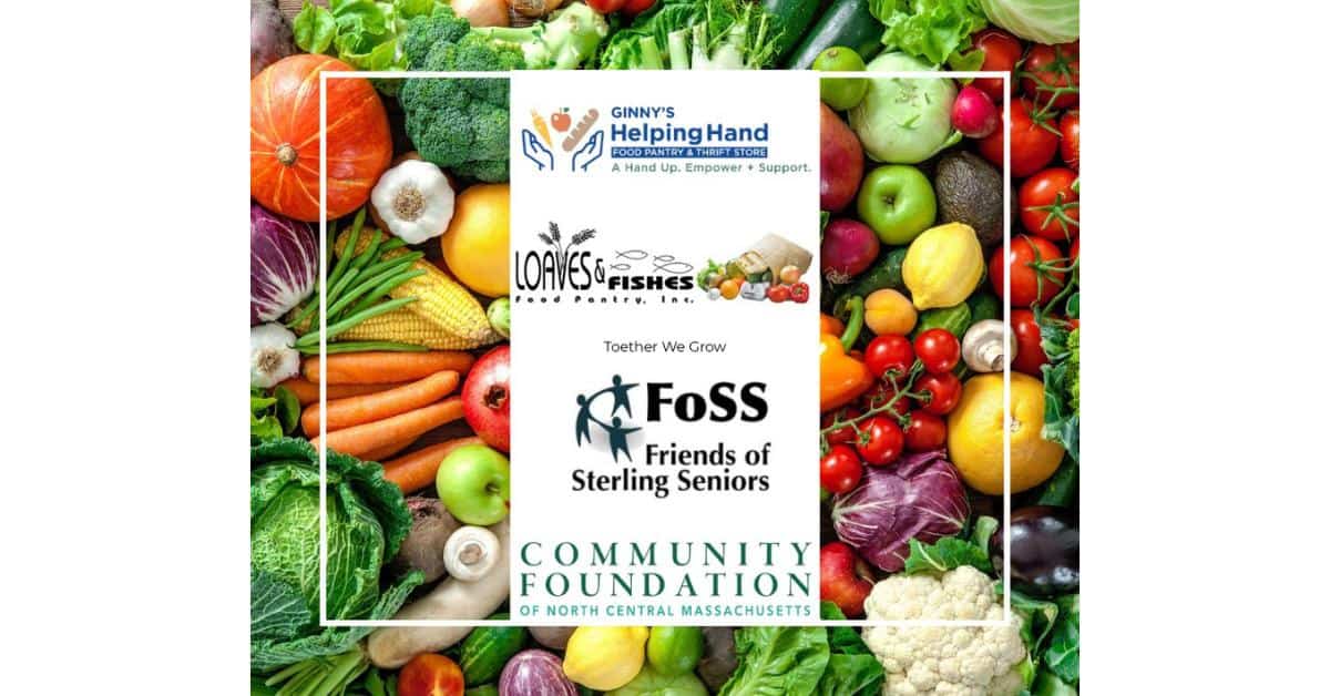 Logos from Ginny's Helping Hands, Loaves & Fishes, Friends of Sterling Seniors, and Community Foundation of North Central MA around Together We Grow and a background of colorful veggies