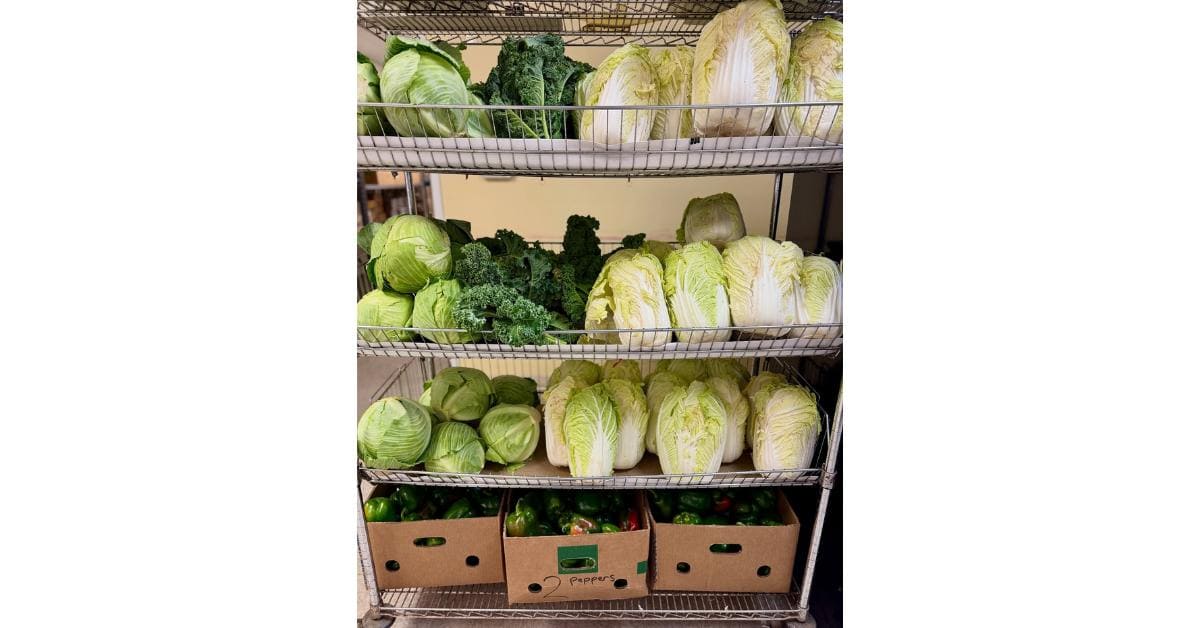 rack of leafy greens and green bell peppers